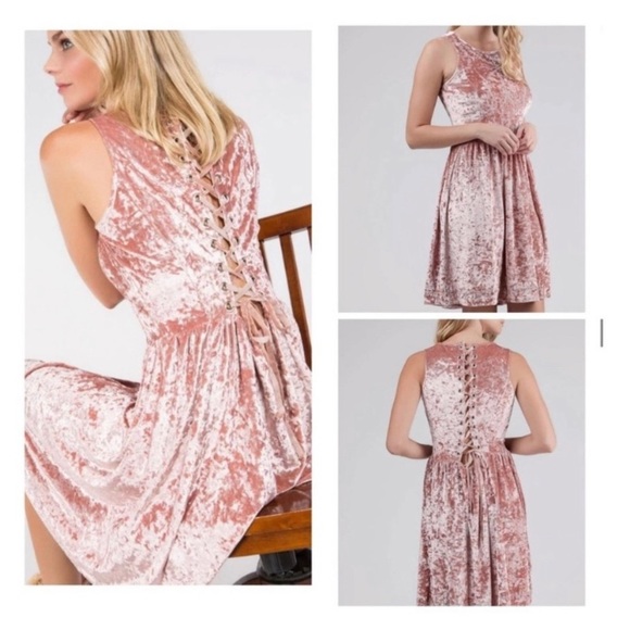 POL Dresses Pol Crushed Pink Velvet Embroidered Mini Lace Up Dress